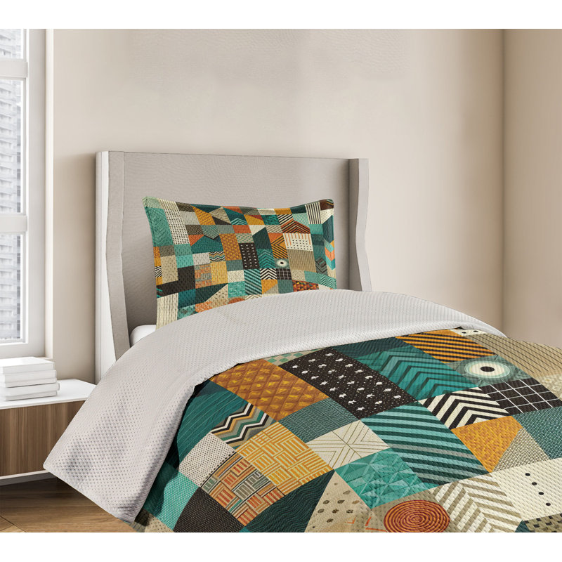 Twin Blue and Orange Geometric Patchwork Coverlet Set