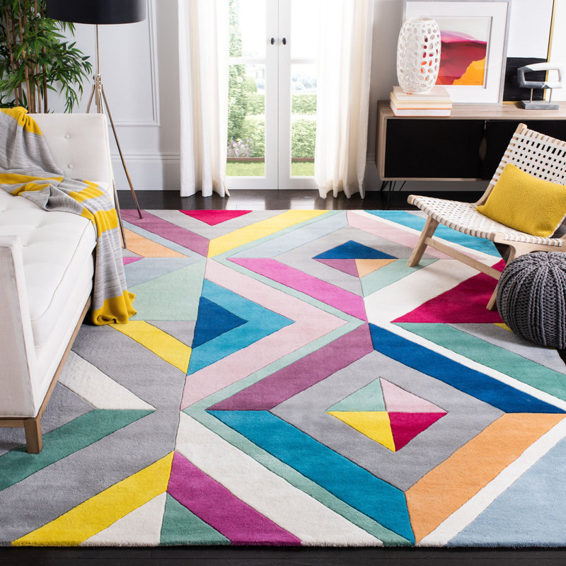 Tapis gris / rose / jaune en laine touffeté à la main Harsirat, Rectangle 6 pi x 9 pi