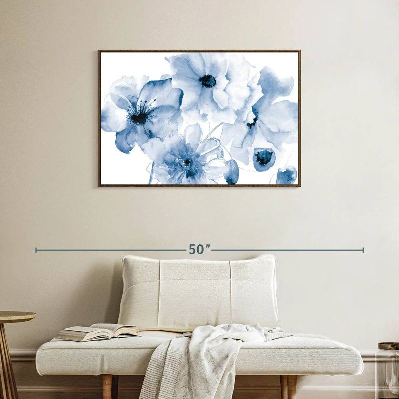 Floraison bleue, 37 po x 25 po, Cadre flottant noyer