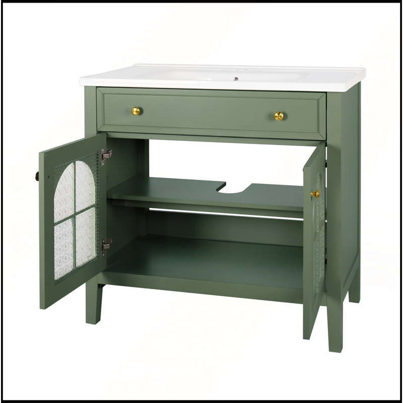 Meuble-lavabo de 35,6 pouces de style Mid-Century avec verre à motif, capteur de mouvement et beaucoup de rangement pour les salles de bain de style campagne moderne
