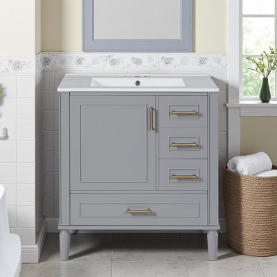 Meuble-lavabo en céramique de 30 po, porte à fermeture douce et 3 tiroirs, conception de drain de débordement, autoportant, pour les petits espaces