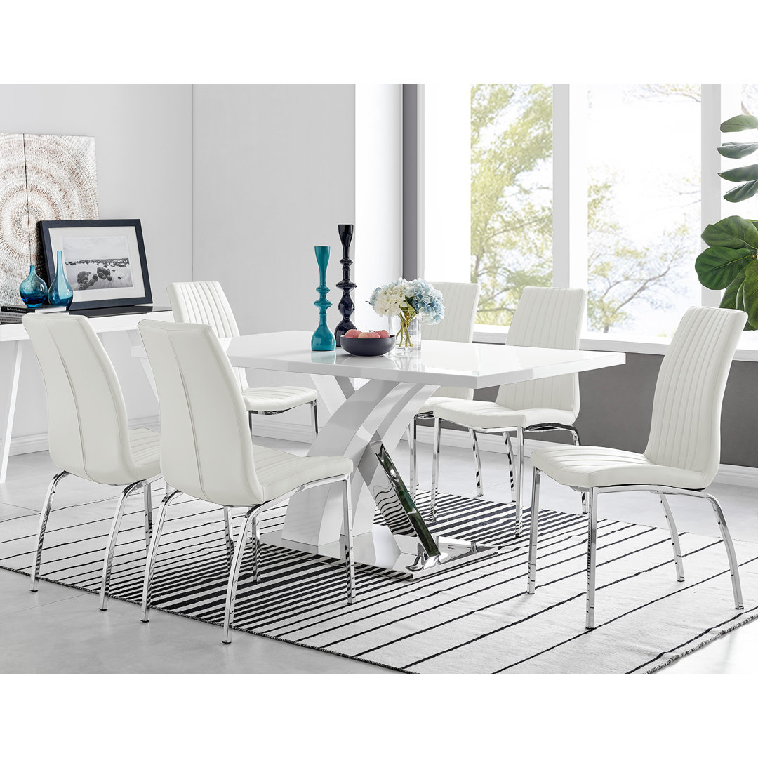 Edzard Chrome & White High Gloss Dining Table Set with 6 Luxury Faux Leather Dining Chairs East Urban Home Chair 