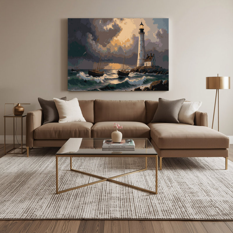 Art sur toile gris, "Phares de transport avec bateaux", 12" H x 18" W