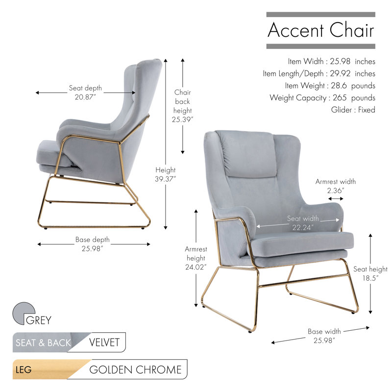 Velvet Upholstered Accent Chair with Gold Chrome Legs, Gray Velvet