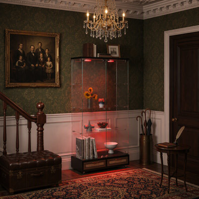 Vitrine moderne avec grands tiroirs, conception à assemblage rapide, lumières DEL, idéale pour divers espaces et objets de collection