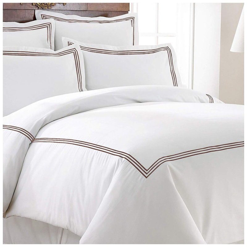 400TC Cotton Triple Embroidery Sateen Solid Duvet Cover Set, White/Chocolate, Full/Queen Duvet Cover