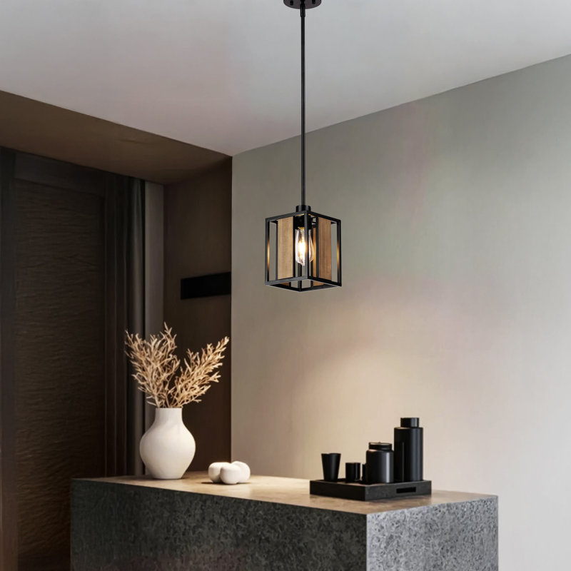 Luminaire suspendu rectangulaire en fer et bois, 1 Light