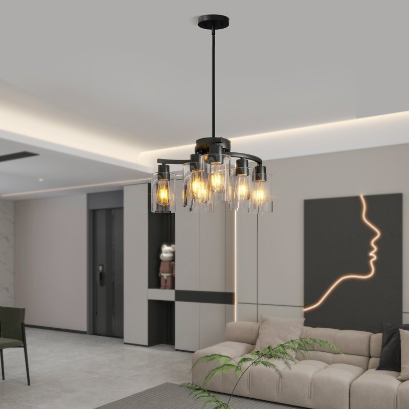 Lustre moderne 6 lumières à abat-jour, 6, H 10 po x l 22 po x P 22 po, Nickel