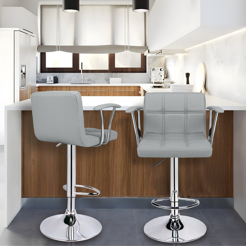 Double Needle PU Leather Counter Height Chairs, Height Adjustable and Swivel Bar Stool, Light Gray, Silver