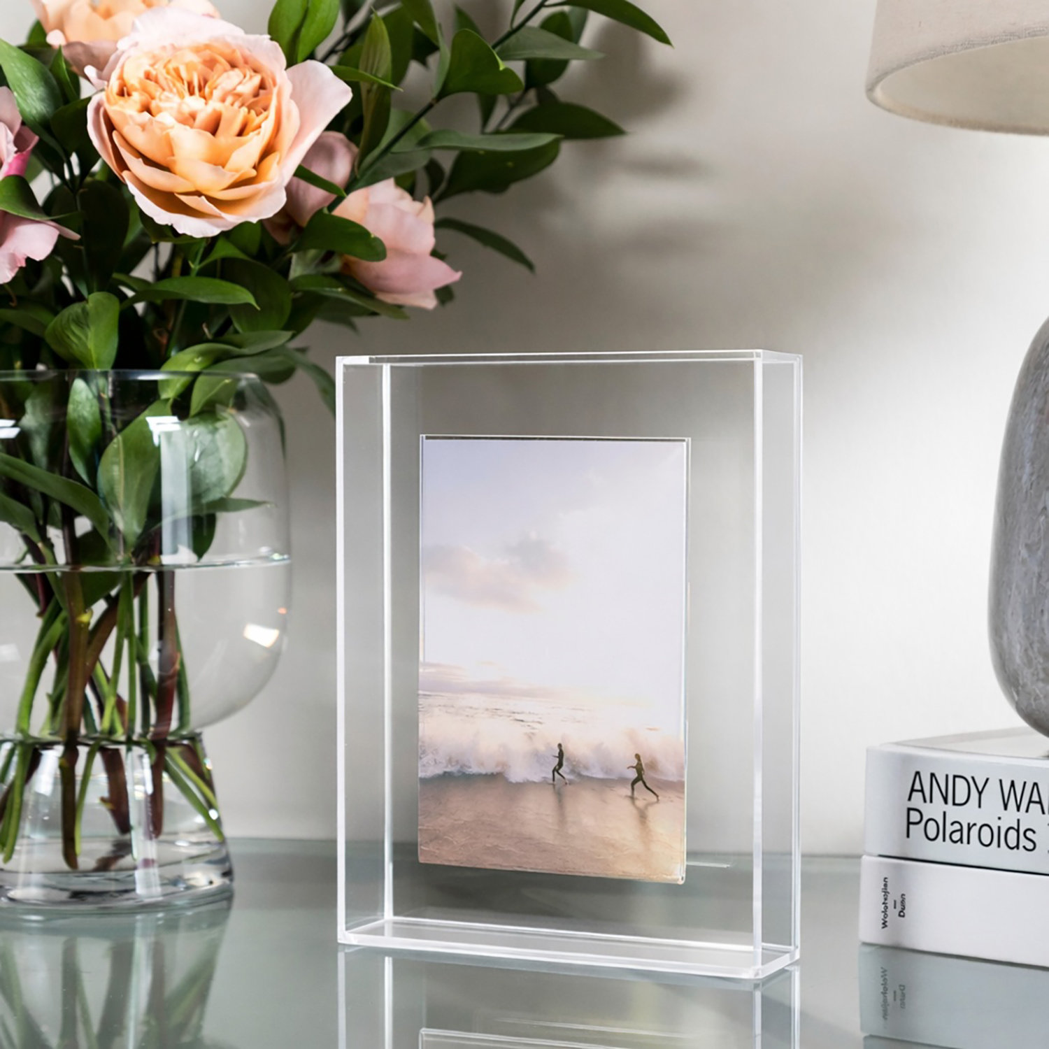 Float Frame for Tabletop or Wall with Magnetic Photo Holder, 5" x 7", Clear