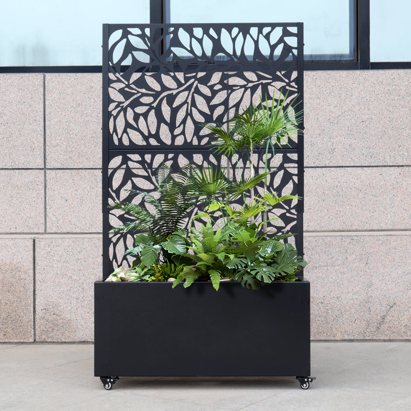 Boîte à fleurs roulante en métal 36 po x 64 po x 12 po avec treillis découpé au laser, boîte à fleurs moderne en acier pour une utilisation intérieure / extérieure