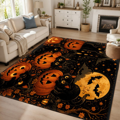 Tapis d'Halloween avec motif chat noir et citrouille (1 pièce), tapis décoratif festif, envers antidérapant, idéal pour le salon, la chambre à coucher, la cuisine et l'entrée.