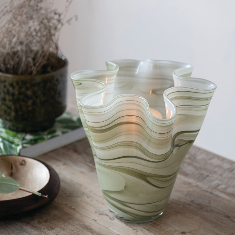 Round Hand-Blown Glass Ruffled Vase With Swirled Design