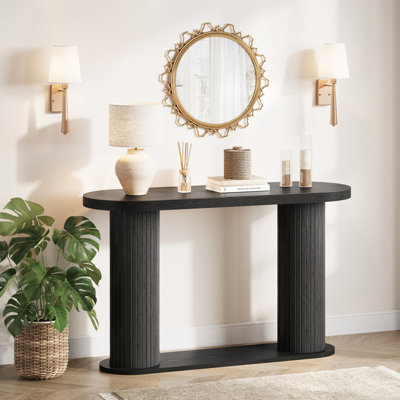 Console cannelée, table d'entrée ovale avec tablette inférieure pour le vestibule du couloir du salon, assemblage facile, noir