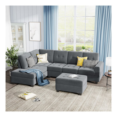 Orisfur. Canapé modulaire avec méridienne réversible, canapé en L avec repose-pieds et porte-gobelets
