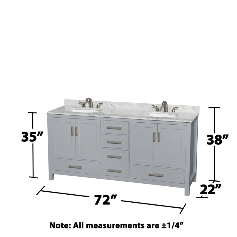 Sheffield 72" Double Bathroom Vanity Set with Mirror, White Carrara Marble, Gray, 8" Widespread