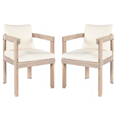 Ensemble de 2 chaises de salle à manger en bois d'acacia, fauteuils avec coussins crème, fauteuil d'appoint en tonneau, ensemble de chaises d'appoint de cuisine pour balcon, cour, jardin, blanc clair