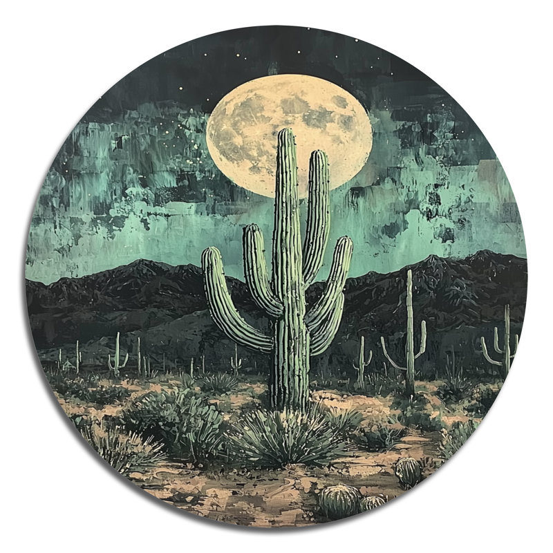 Marsano - Cactus rond, impression sur métal vert traditionnel, H 36 po x l 36 po