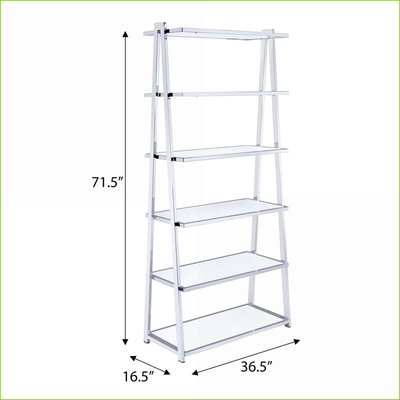 Bibliothèque, 6 tablettes contemporaines épurées avec structure en argent chromé, bois blanc neige brillant | Blanc | Bois et métal