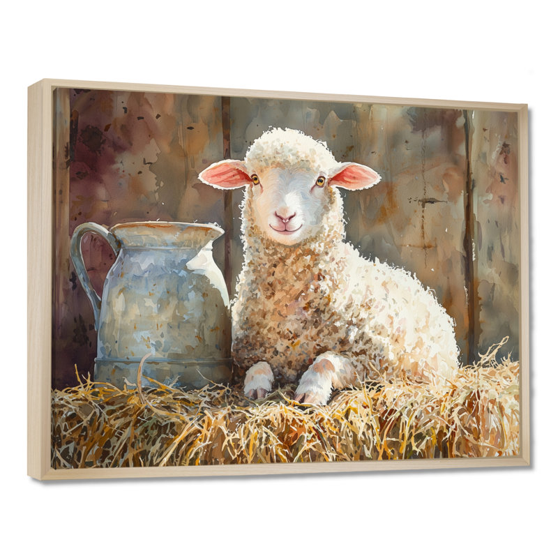 Portrait d'un bébé mouton à la grange - Art mural, H 12 po x l 20 po, Impression encadrée flottante, Crème, crème