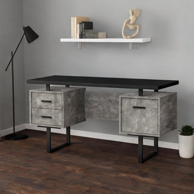 Contemporary U-Shaped 60-Inch Computer Desk with Reversible Storage Drawers, Black-Toned Laminate and Metal
