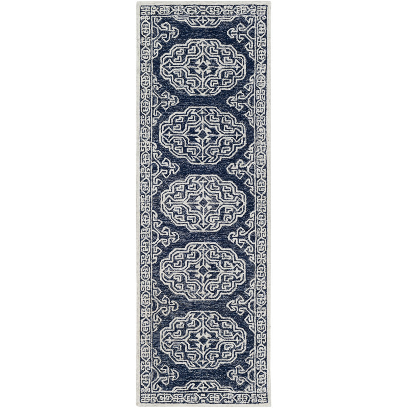 Tapis gris / beige / bleu marine en laine touffeté à la main Bergmann, Tapis de couloir beige