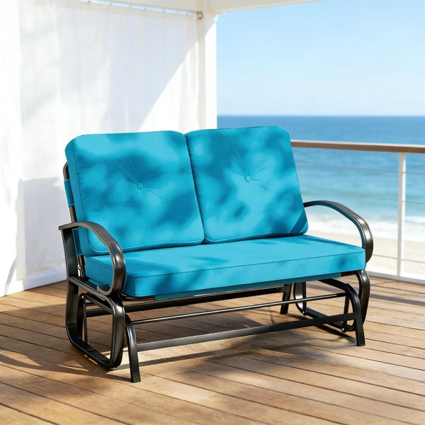 Banc oscillant de 47 po de largeur, chaise berçante de patio pour 2 personnes avec dossier en filet respirant, coussins et structure en acier, bleu