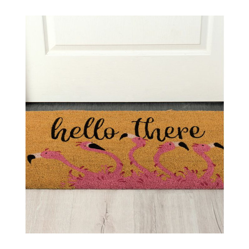 Natural Coir Fiber and PVC Non Slip Outdoor Doormat with Weather Resistant Textured Surface and Heavy Duty Backing, Flamingo