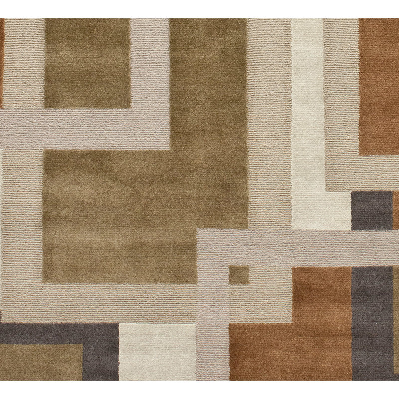 Tapis géométrique en laine / viscose à motif géométrique brun / ivoire / orange, Rectangle 8 pi x 10 pi