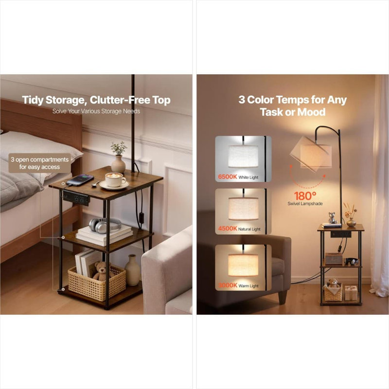 Lampe sur pied 3 en 1 avec table d'appoint - Table de bout réglable à 3 niveaux avec tablettes ouvertes, 3 lumières de température de couleur et ports de charge USB / Type-C / AC pour le salon, la chambre à coucher ou le dortoir