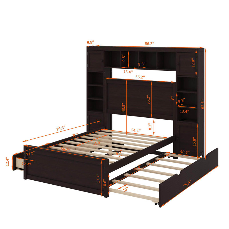 Full Size Wooden Bed With Cabinet, Shelf And Sockets,Twin Size Trundle, Espresso