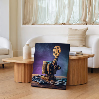 Canvas A Vintage Film Projector Sits Prominently On A Rustic Wooden Wall Art Table Surrounded By Film Reels And A Classic Clapperboard Canvas Wall Art
