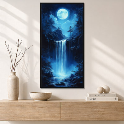 Blue Black Blue Moonlit Forest Falls – River Wall Art, Fall Canvas Print