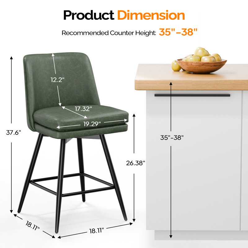 Tabourets de bar pivotants en polyuréthane rembourrés à hauteur de comptoir pour îlot de cuisine, Vert, 2