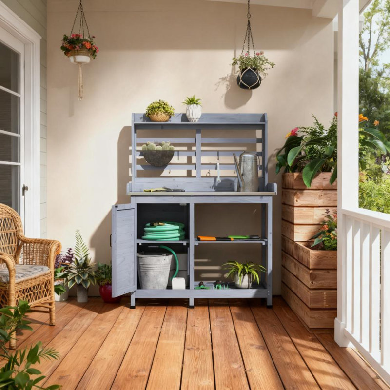 Banc de jardin d'extérieur en bois de sapin avec évier et rangement, Bleu