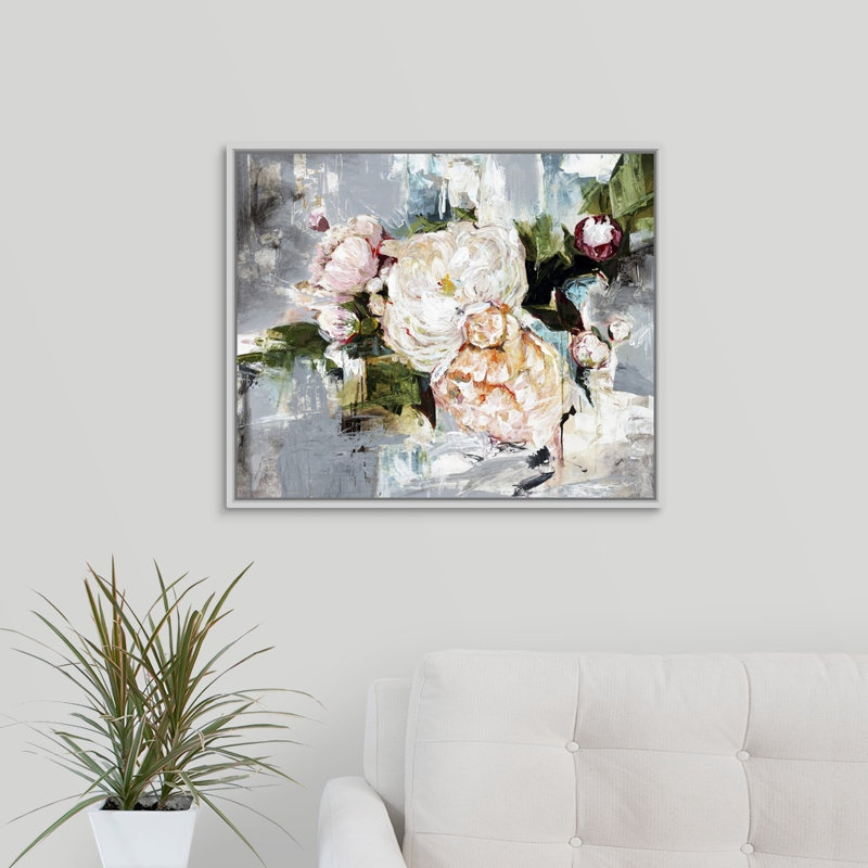 « pivoine fleuri », peinture sur toile, H 21,7 po x l 25,7 po x p 1,75 po, Cadre flottant blanc