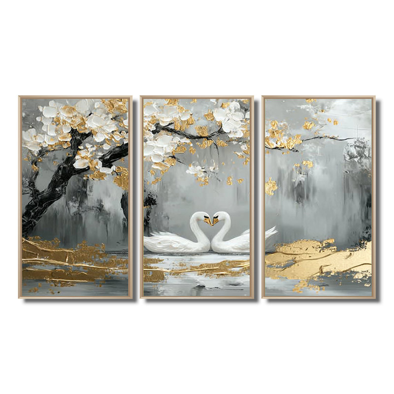 Ensemble de salon gris et or avec cygnes «Love Under Cherry Blossom III», Toile naturelle avec cadre flottant