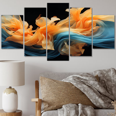 Encre liquide orange vif et turquoise - formes abstraites, art mural salon - 5 panneaux