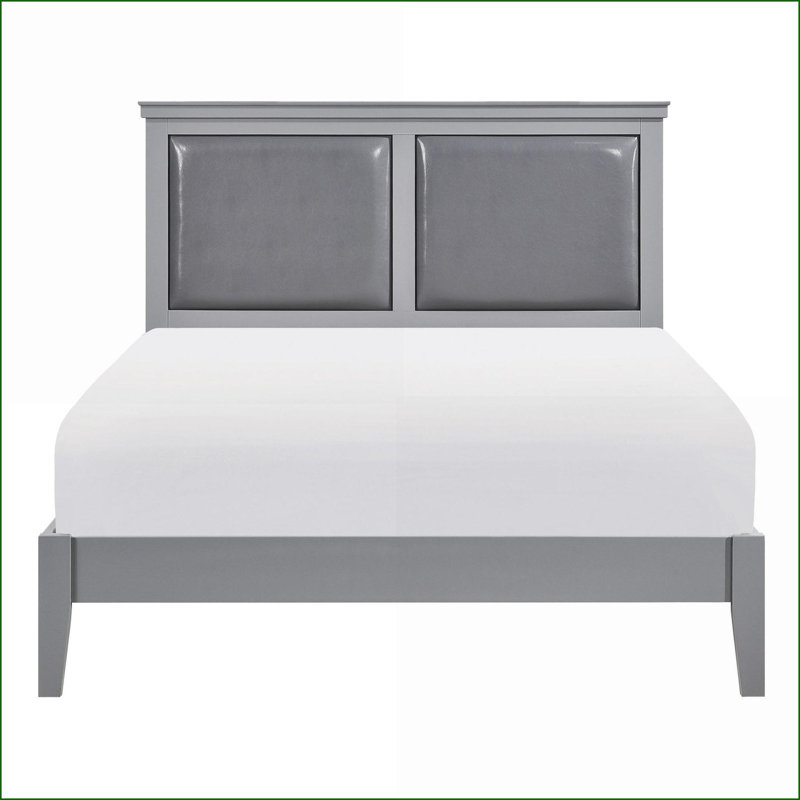 Grand lit à panneau en bois classique gris avec tête de lit tapissier en similicuir - Mobilier de chambre à coucher