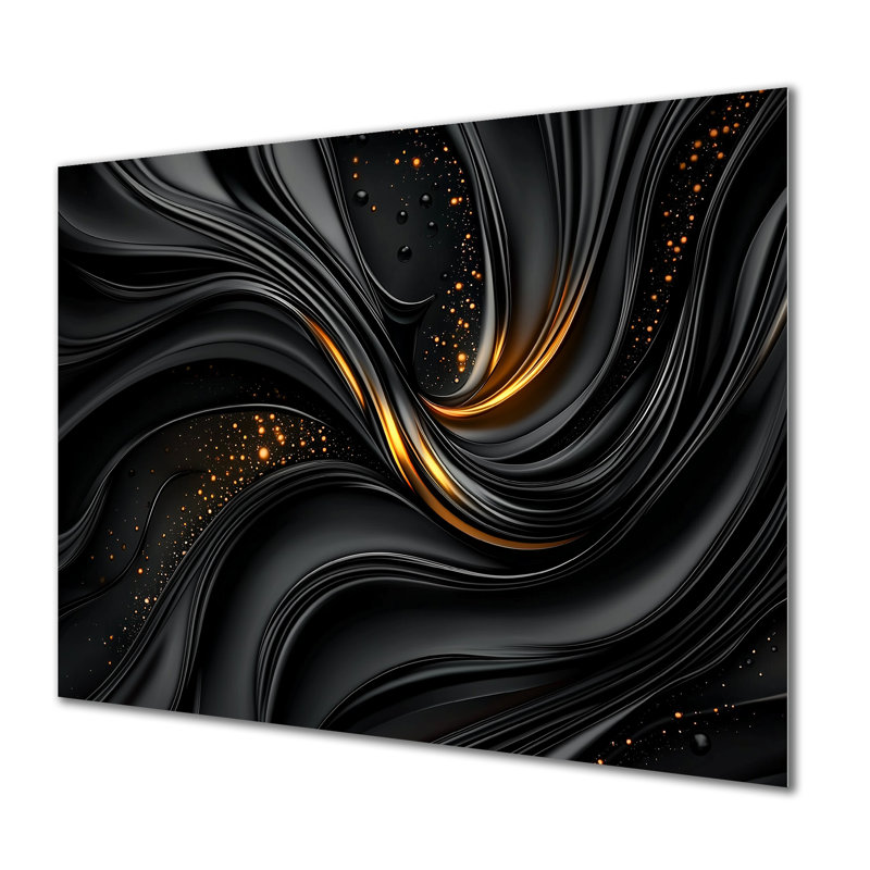Quantum noir et feuilles dorées I - art mural fractal en métal, impression moderne sur métal, H 24 po x l 32 po