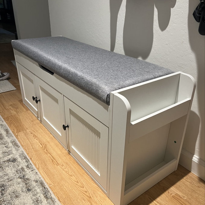 Modern Farmhouse Storage Bench With Cushion, Upholstered Shoe Bench With Shelf For Entryway, Mudroom, Hallway - Navy, 47.2" W x 13.7" D x 17.7" H (with storage rack)