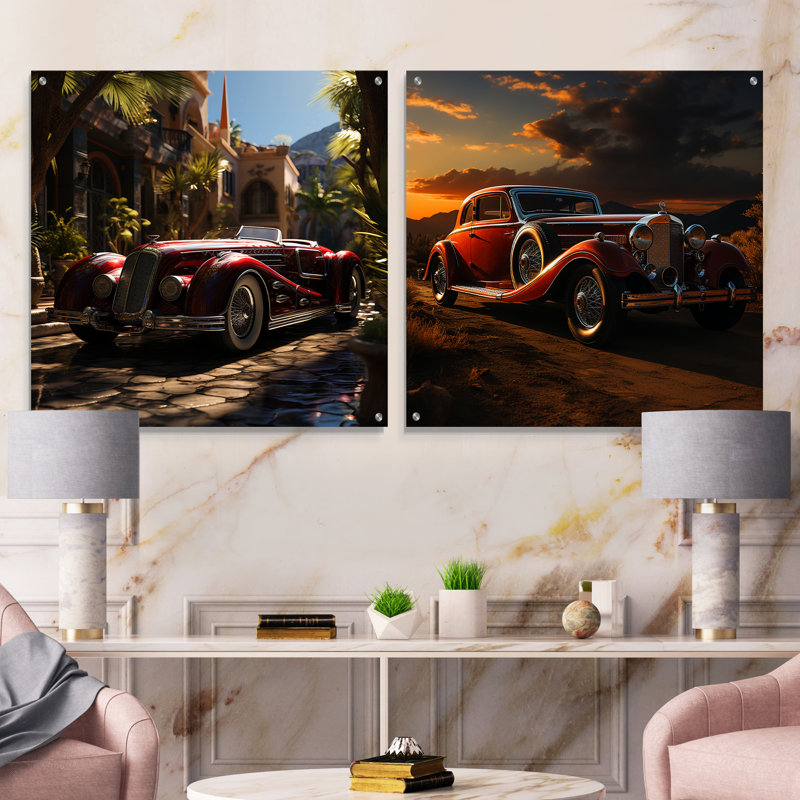 «Expressionist Vintage Car Spirit» - ensemble de 2 art mural en verre acrylique, H 36 po x l 73 po