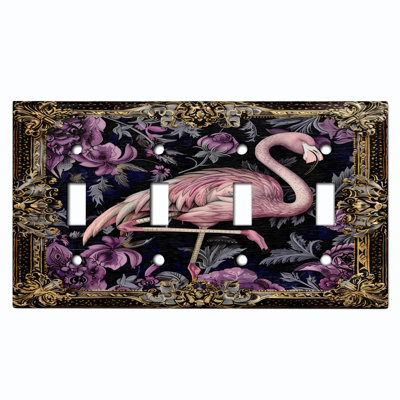 Metal Light Switch Plate Cover; US Standard Size 4 Gang Toggle - Botanical Flamingo