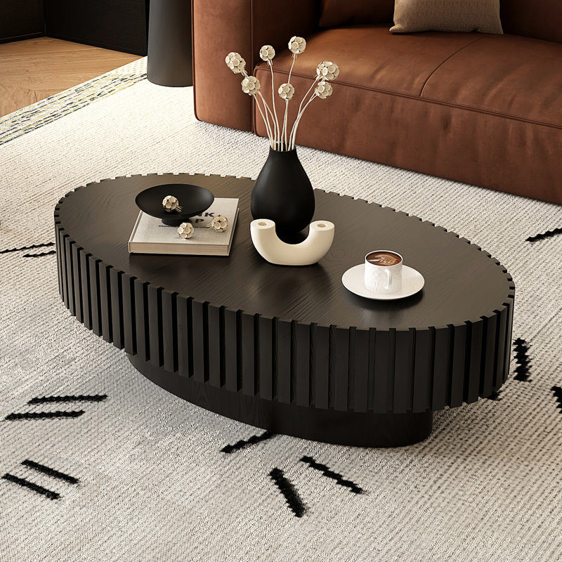 Oval Coffee Table With Handmade Relief Art, Base, Modern Elements, Construction, Look, Black
