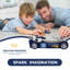 Lit Annjeanette pour enfant, en forme de voiture de course, avec roues lumineuses DEL, tête de lit bleue en forme de voiture et cadre de lit en bois.-827847723