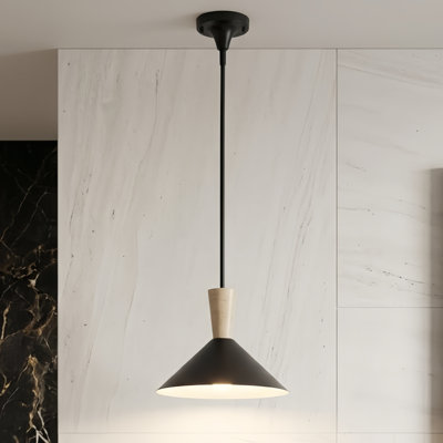 1-light 14"W Travertine Modern Cone Pendant with Black Metal for Kitchen Island or Dining Room