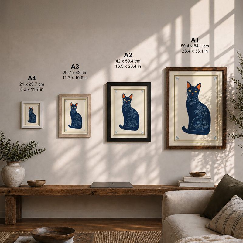 Botanical Cat Boho - Framed Print, A2 - 59.4 x 42.0 cm, Black