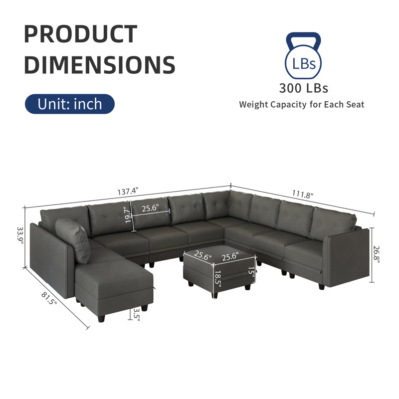 Canapé modulaire avec méridienne avec repose-pieds de 137 po de large Mizuho, Similicuir gris