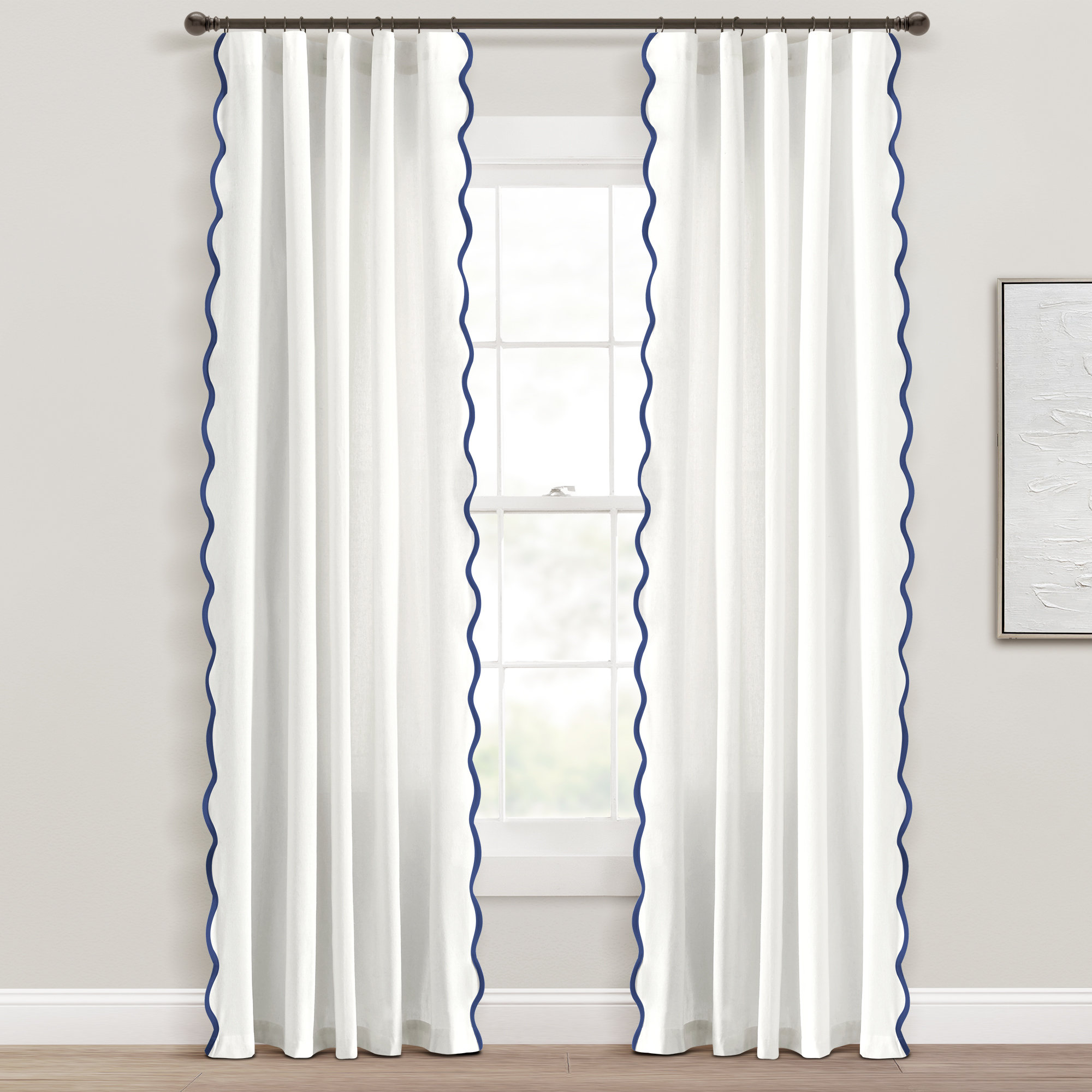 Yolonda Semi Sheer Cotton Blend Curtain, 52'' W x 84'' L, Navy/White