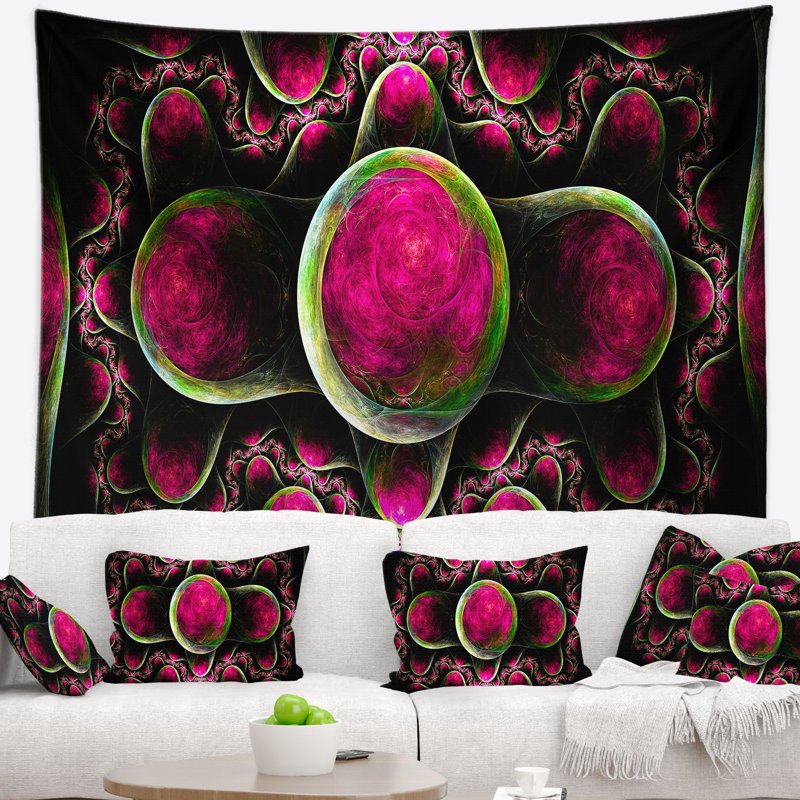 Tapisserie abstraite à motif fractal exotique rose, H 50 po x l 60 po